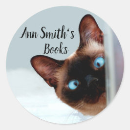 Pegatina Redonda Bookplate al Personalizar Funny Peeking Cat
