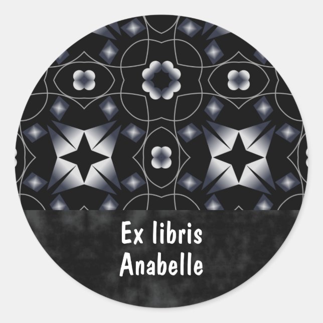 Pegatina Redonda Bookplate negro geométrico del modelo del (Anverso)