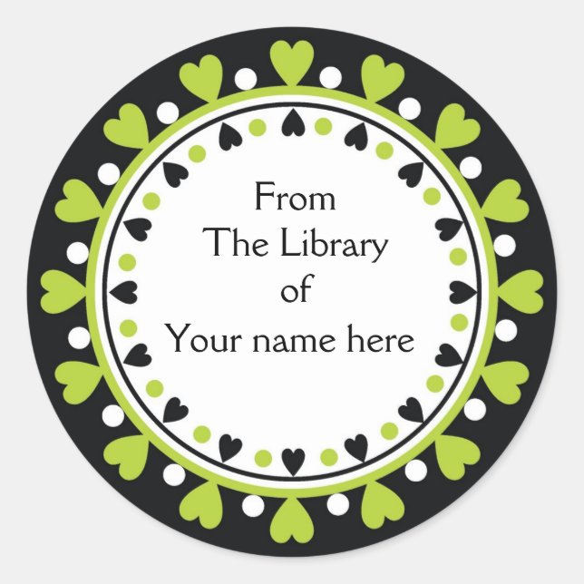 Pegatina Redonda Bookplate - Puntos de Polka blancos del corazón ve (Anverso)