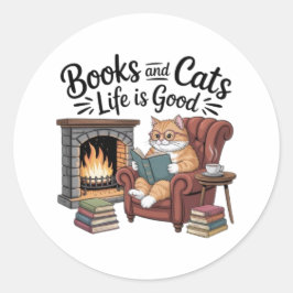 Pegatina Redonda Books And Cats Life Is Good Funny Sticker Cat Love