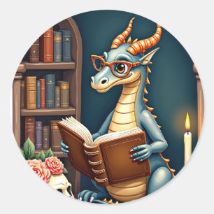 Pegatina Redonda BookTok Dark Academia Leyendo Dragón Ilustraciones