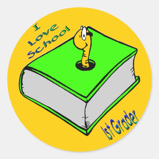 Pegatina Redonda Bookworm 1Grader - I love School (Anverso)