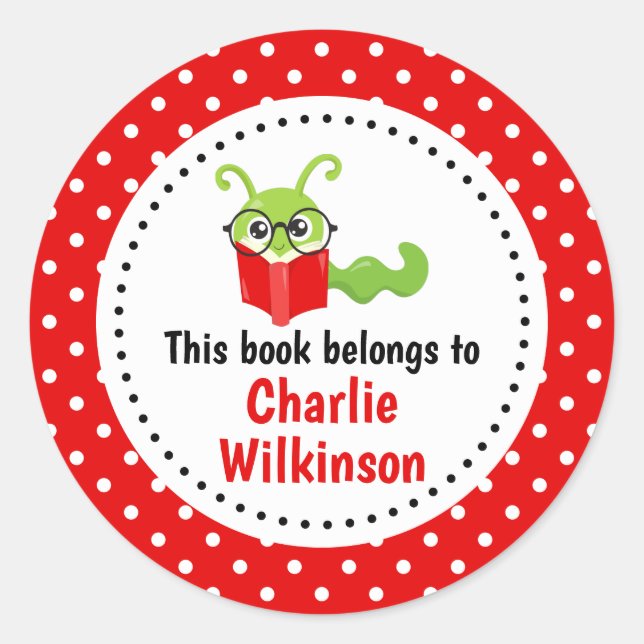 Pegatina Redonda Bookworm Este Libro Pertenece A Bookplate Red Spot (Anverso)