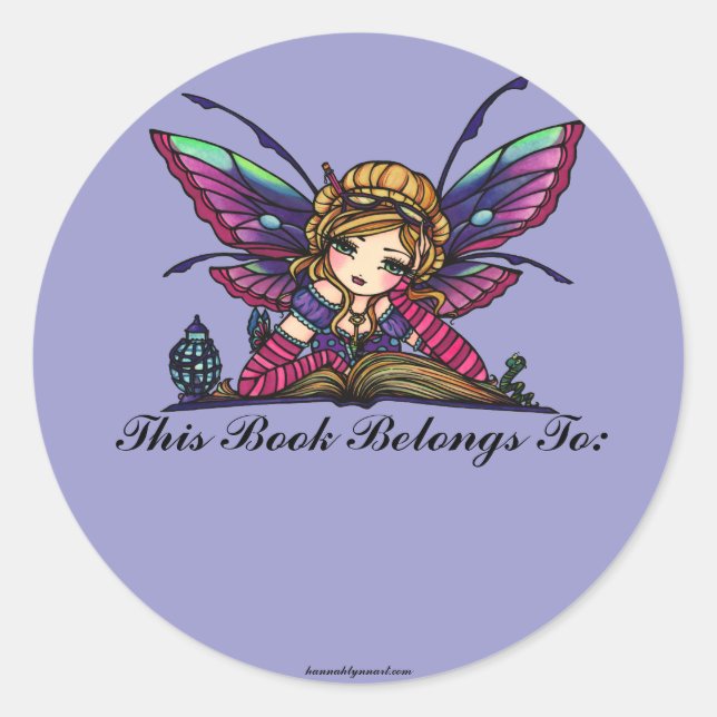 Pegatina Redonda Bookworm Library Fairy Fantasy Art Bookplate (Anverso)