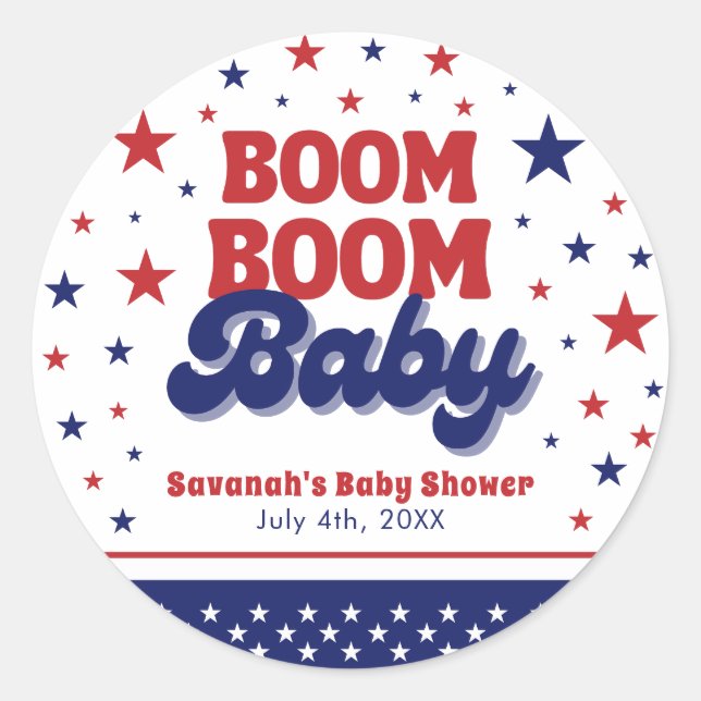 Pegatina Redonda Boom Boom Baby 4jul Baby Shower Patriótico (Anverso)