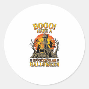 Pegatina Redonda Booo Espeluznante Halloween Bruja Caldero Castillo