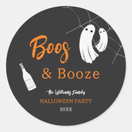 Pegatina Redonda Boos y Booze Halloween Naranja e invitación negra