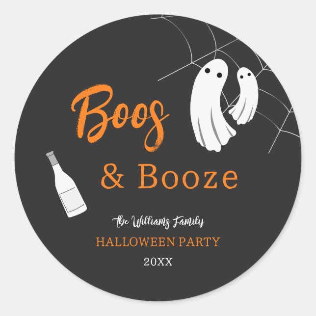 Pegatina Redonda Boos y Booze Halloween Naranja e invitación negra (Anverso)