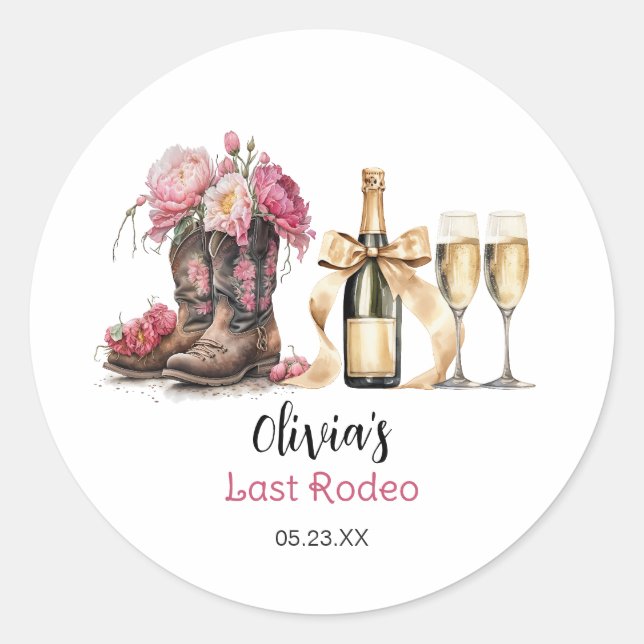 Pegatina Redonda Boots and Bubbles Bridal Shower Last rodeo (Anverso)