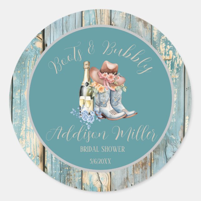 Pegatina Redonda Boots & Bubbly Aquarela Despedida de Soltera  (Anverso)