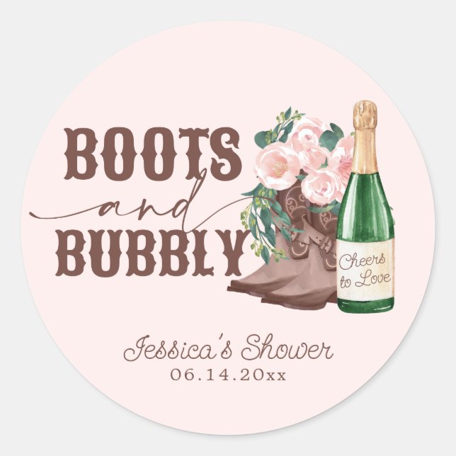 Pegatina Redonda Boots & Bubbly Floral Champagne Bridal Shower (Anverso)