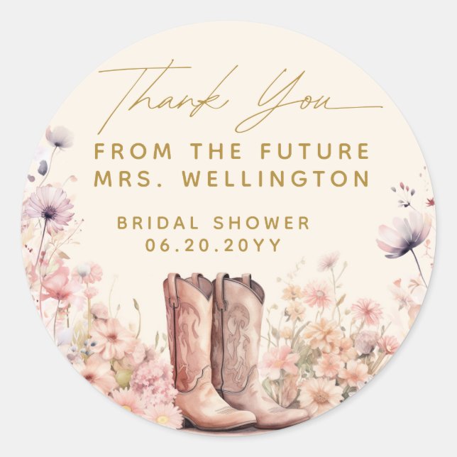 Pegatina Redonda Boots & Bubbly Floral Cowgirl Bridal Shower (Anverso)