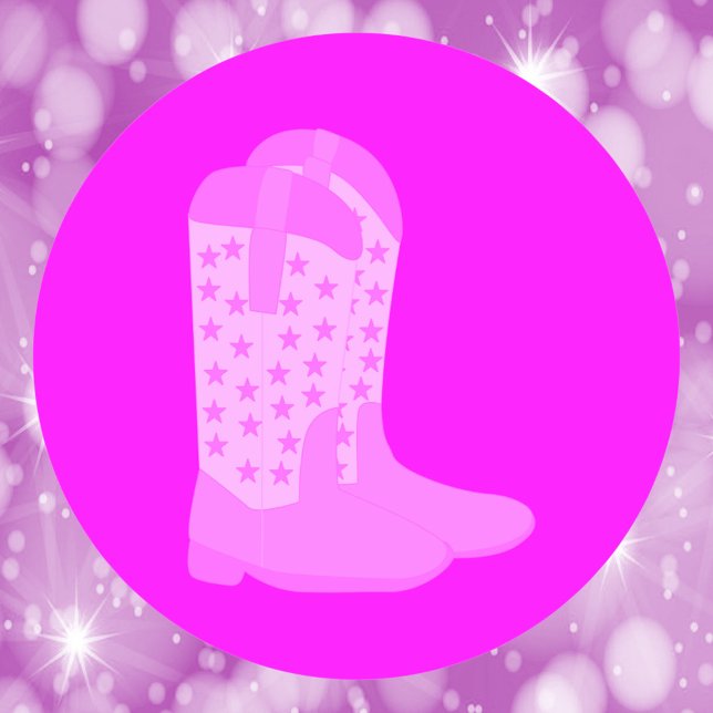 Pegatina Redonda Boots de cowboy con Stars Pink (A sticker with a pair of cowboy boots with stars done in various shades of pink)