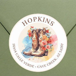 Pegatina Redonda Boots de gallina con flores y etiquetas de direcci