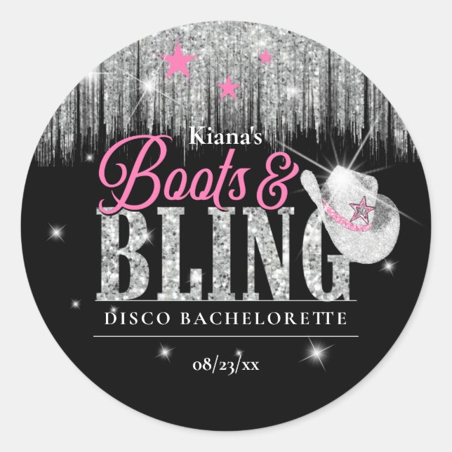 Pegatina Redonda Boots 'n Bling Disco Bachelorette ID925 (Anverso)