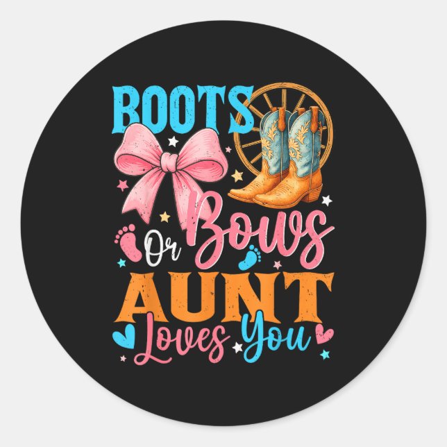 Pegatina Redonda Boots Or Bows Aunt Loves You Gender Reveal Family  (Anverso)