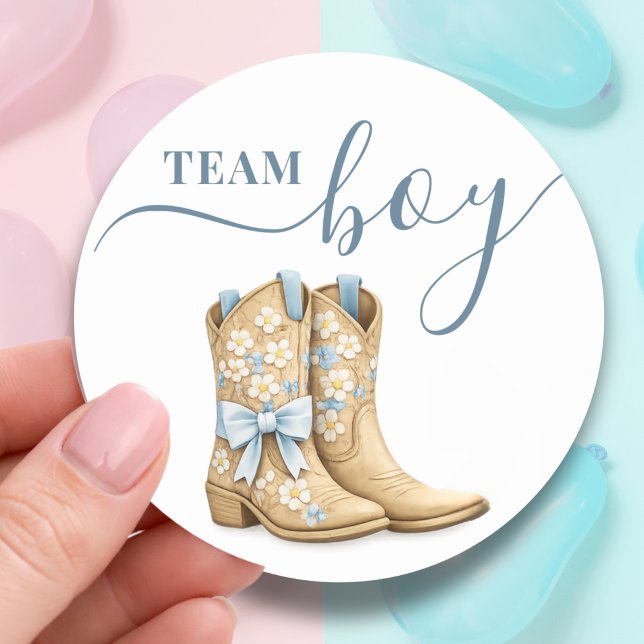 Pegatina Redonda Boots or Bows Gender Reveal Blue Team Boy (Subido por el creador)