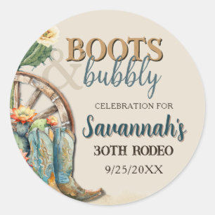 Pegatina Redonda Boots y Bubbly Country Cowgirl Cumpleaños Occident