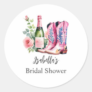 Pegatina Redonda Boots y burbujas con ducha de novias rosa