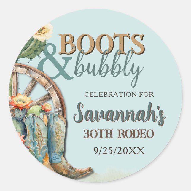 Pegatina Redonda Boots y la Bubbly Rustic Cowgirl Aqua Blue Birday (Anverso)