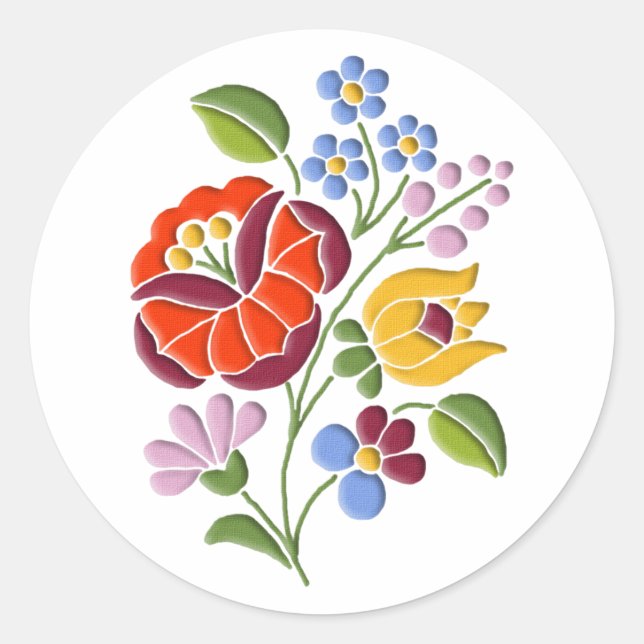 Pegatina Redonda Bordado de Kalocsa - Arte folclórico húngaro