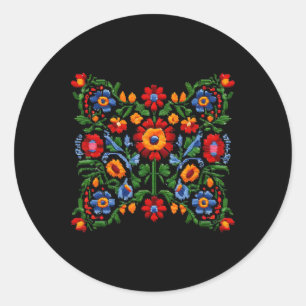 Pegatina Redonda Bordado ucraniano divertido flores tradicionales N