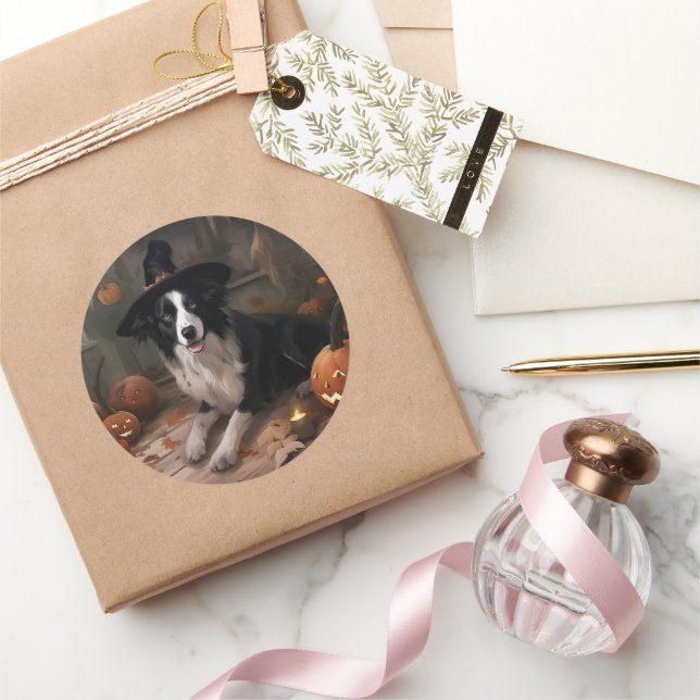 Pegatina Redonda Borde de Collie Pumpkins Halloween Scary (Regalar)