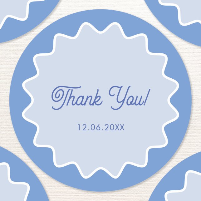 Pegatina Redonda Borde de curva azul ondulada retro Gracias (Personalized date wavy retro thank you sticker)
