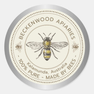 Pegatina Redonda Borde de plata del apicultor amarillo beekeeper de