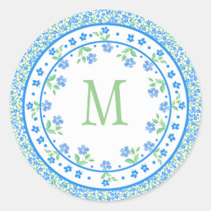 Pegatina Redonda Borde redondo floral verde azul bonito