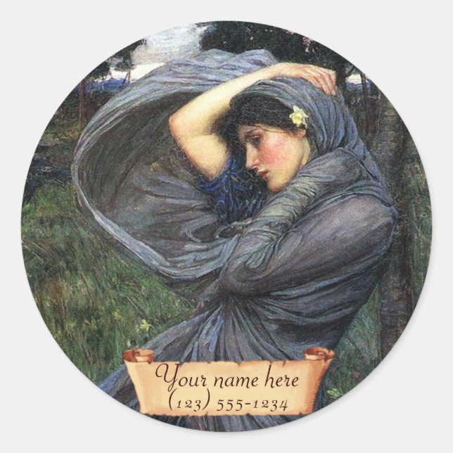 Pegatina Redonda "Boreas" J. W. Waterhouse Pre Raphaelite Bookplate (Anverso)
