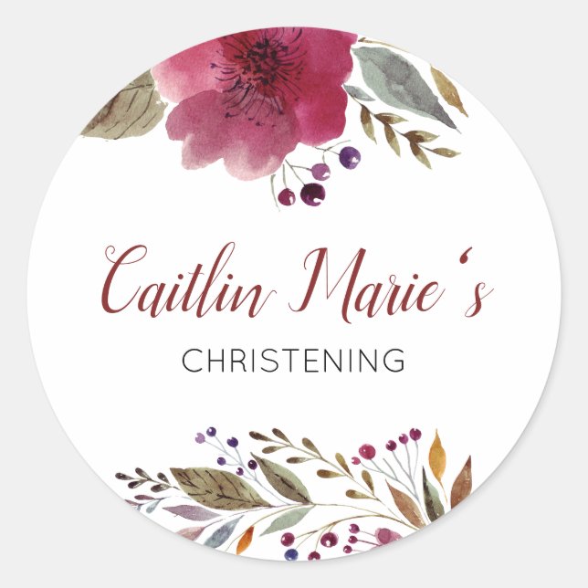 Pegatina Redonda Borgoña acuarela Bautismo floral Christening (Anverso)