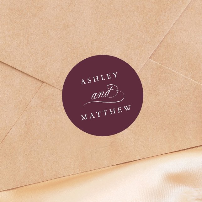 Pegatina Redonda Borgoña Boda de caligrafía romántica de Swirly (Subido por el creador)