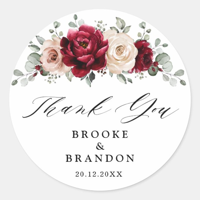 Pegatina Redonda Borgoña Champagne Ivory Mauve Boda Gracias (Anverso)