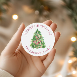 Pegatina Redonda Borgoña color de agua y árbol verde de Navidad