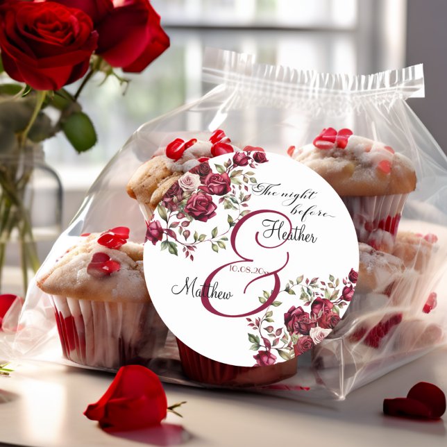 Pegatina Redonda Borgoña Floral moderna Boda "La noche antes" (Subido por el creador)