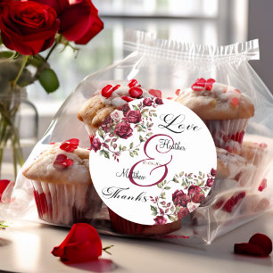 Pegatina Redonda Borgoña Floral Moderno Boda de escritura