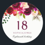 Pegatina Redonda Borgoña Red Floral Boho 18th Birthday Party<br><div class="desc">Borgoña Red Floral Boho 18th Birthday Party Pegatina sello de favor Ver nuestra tienda para la combinación de invitación,  sobres y servilletas</div>