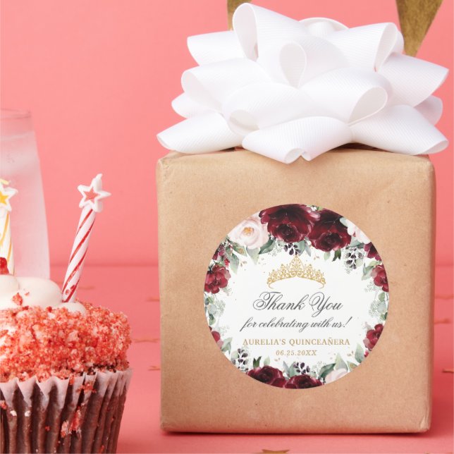 Pegatina Redonda Borgoña Rubor Floral Quinceañera Tiara Princess (Fiesta)
