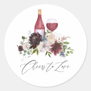 Pegatina Redonda Borgoña Rubor Floral Wine Tasting Bridal Shower