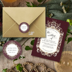 Pegatina Redonda Borgoña vintage floral elegante y Boda de oro