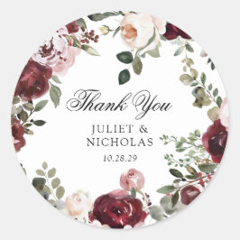 Pegatina Redonda Borgoña y Rubor Favor de la boda floral