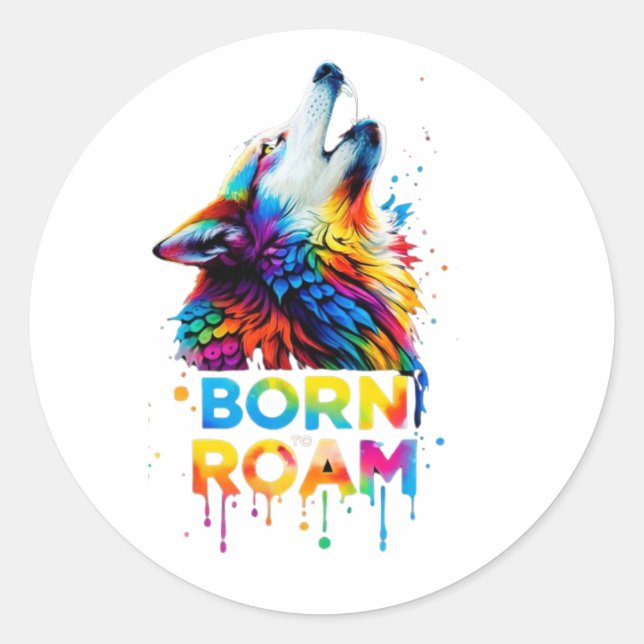 Pegatina Redonda Born to Roam Colorful Wolf (Anverso)