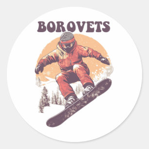 Pegatina Redonda Borovets Bulgaria Retro Snowboard