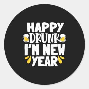 Pegatina Redonda Borracho Feliz Año Nuevo Divertido Cerveza Nochevi