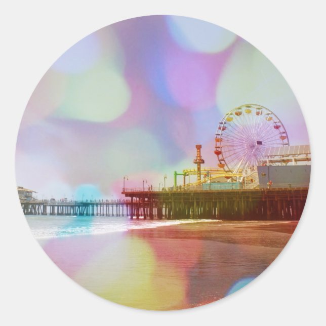 Pegatina Redonda Borroso colorido Bokeh Santa Mónica Pier (Anverso)