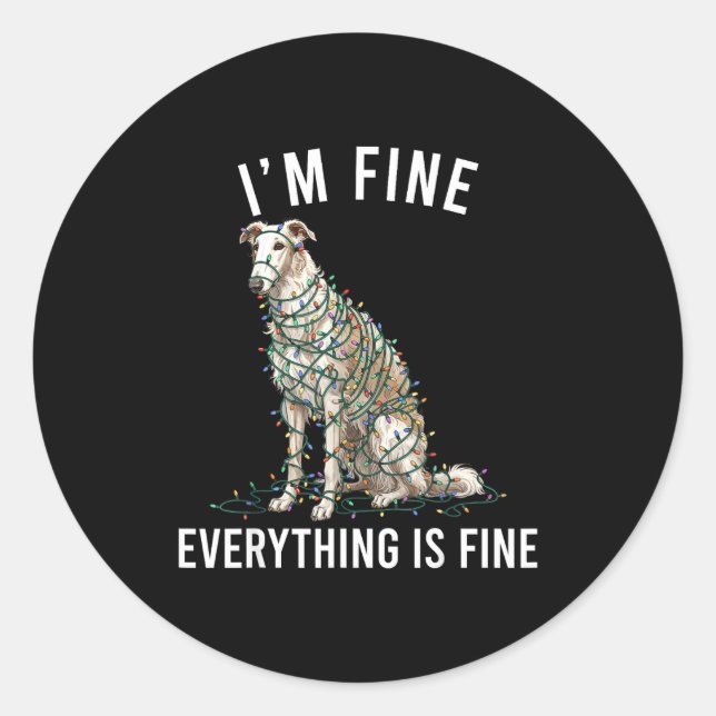 Pegatina Redonda Borzoi Christmas I'm Fine Everything Is Fine  (Anverso)