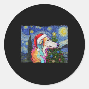 Pegatina Redonda Borzoi Santa Hat Navidades Stark Night Dog Art Pa
