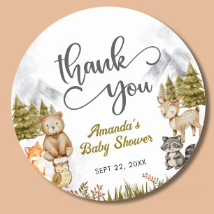 Pegatina Redonda Bosque Agradecido Animales del Bosque Baby Shower