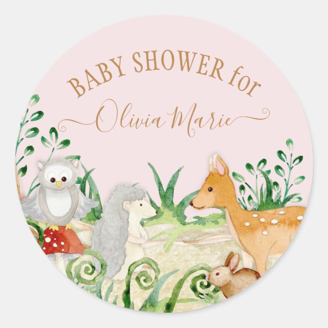 Pegatina Redonda Bosque Animal Venado Rosa Zorro Búho Follaje (Anverso)